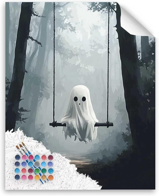 Cawpom Ghost Paint by Numbers Kit, Halloween Spooky Paint by Number for Adult, Ghosts Sitting on Swing Acrylic Painting, Misty Forest Landscape Picture, Home Wall Decor(16x20inch, No Frame)