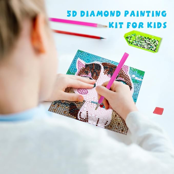 QEUOYSS Diamond Art Kit for Kids with Wooden Frame Art and Crafts for Kids Ages 6-8 -10-12 Easy to DIY Diamond Art for Kid and Adult Beginners Home Wall Decoration (uad-02 cat)