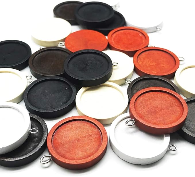 Allazone 45 PCS Wooden Pendant Trays 25 MM 5 Colors Round Pendant Cabochon Craft Bases for DIY Jewelry Gift Making