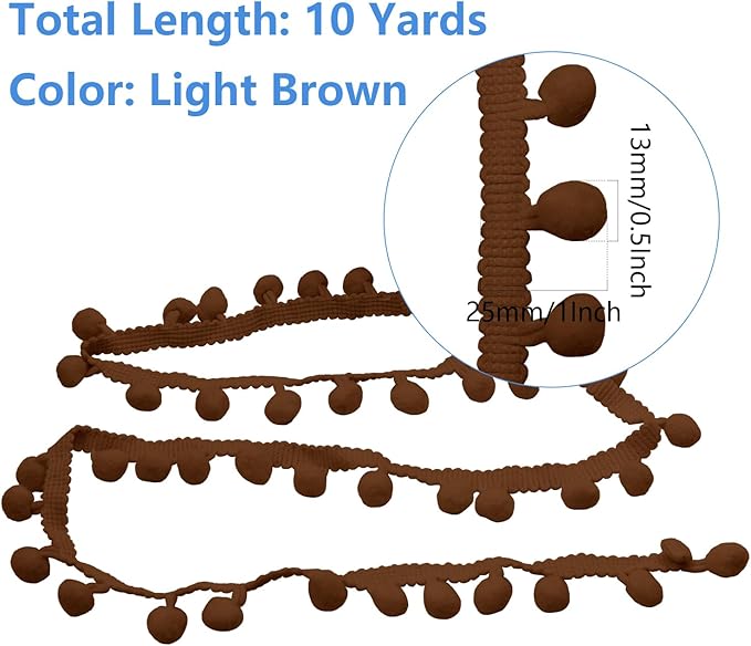 Homiest 10 Yards Pom Pom Trim for Sewing, 1 Inch Wide Light Brown Ribbon Bundles Textured Fabric Fringe Ribbon, 13mm Ball Pompom Trim for DIY Crafts Curtain Clothes Pillow Home Decoration
