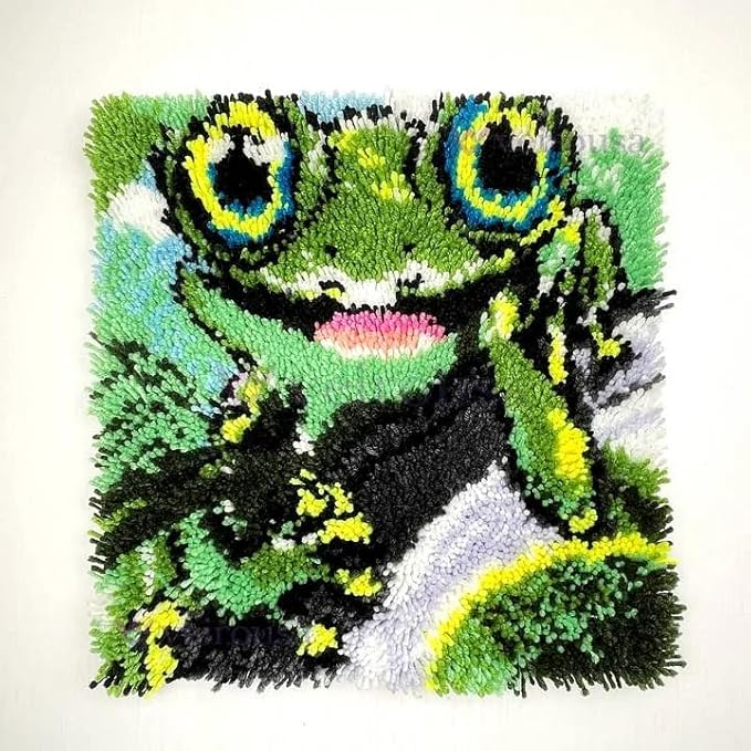 veirousa Naughty Frog Latch Hook Kits for Adults, Beginners DIY Crochet Pillow Kit Pre-Printed Pillowcase Hook and Latch Rug Kits Needlework Cushion Cover for Home Sofa Decoration 17x17 inch