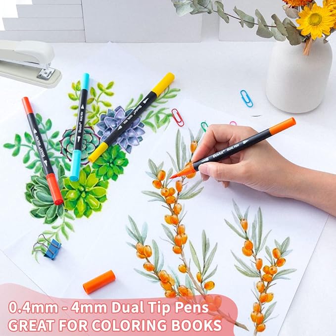 Aen Art Dual Brush Markers for Adult Coloring Books, 24 Colored Fine Point Marker Pen for Note taking Planner Hand Lettering Calligraphy Drawing Journaling