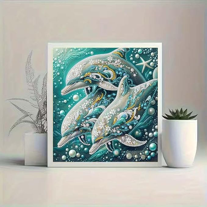 Dolphin Animal Diamond Art Kits for Adults Beginner,5D Diamond Painting Kits for Dolphin Family,DIY Special Shape Gem Painting Crystal Rhinestones Crafts Art Kits,Home Wall Decor 11.8 X 11.8Inch