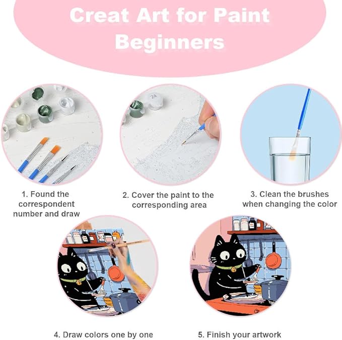 4Pack Funny Black Cat Kitchen Paint by Numbers Kit for Kids, Vintage Animals Easy Framed Adults Paint by Numbers Kits, DIY Cute Cat Acrylic Oil Painting Number Kits for Home Wall Decor (8 x 8 Inch)