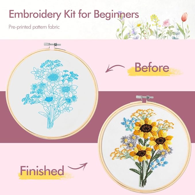 5 pack embroidery kit for beginners adults diy starter kit,sunflower gifts for women cross stitch kits with flower stamped patterns, embroidery hoop, tools,colorful threads,hand craft lover gift