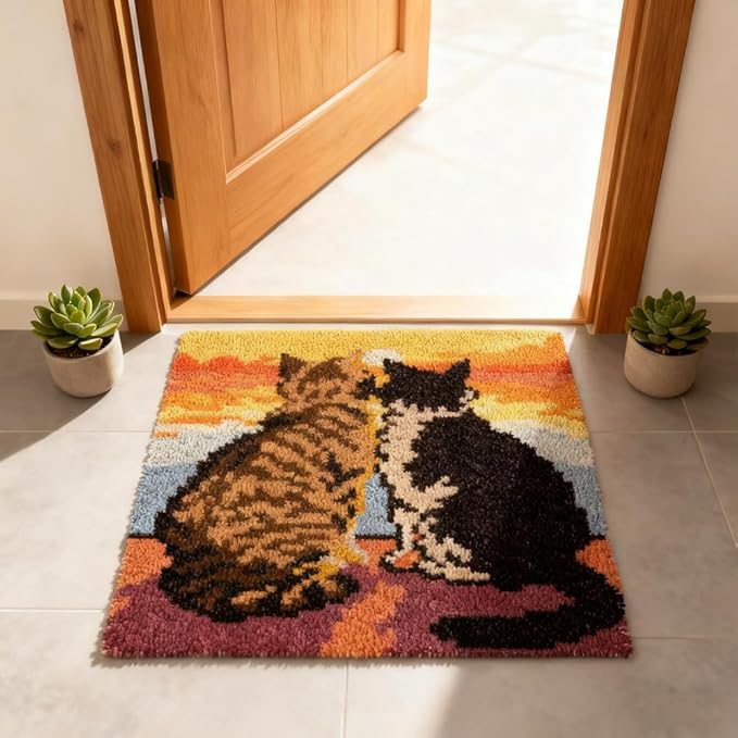 ORIGACH Cat & Sunset Latch Hook Rug Kit for Adults Printed Rug Making Kit Handmade Carpet Tapestry Cover with Hook Latch and Preprinted Canvas, Home Arts Crafts Sofa Decor, 20.5x15inch