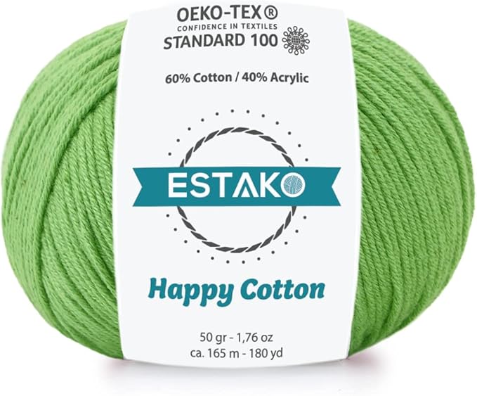 Estako Happy Cotton, 60% Cotton 40% Acrylic Yarn, Soft, Fine/Sport (2) for Crochet and Knitting 1.76 Oz (50g) / 180 Yrds (165m) (4910 - Green)