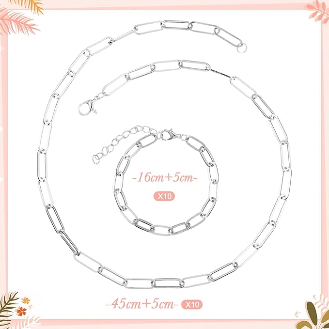 Landical 20 Pcs Charm Necklace Bracelets Making Kit Paperclip Chain Valentines DIY Jewelry Making Supplies Paperclip Link Necklaces with Lobster Clasps for Women Men Bulk Gifts(Silver,18 Inches)