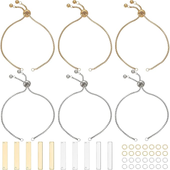 SUNNYCLUE 1 Box 10 Sets Engraving Bracelets Blanks Stainless Steel Adjustable Bracelet Kit Gold Silver Engravable Rectangle Charm Bracelets Simple Set for Jewelry Making DIY Bracelets Supplies Women