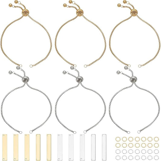 SUNNYCLUE 1 Box 10 Sets Engraving Bracelets Blanks Stainless Steel Adjustable Bracelet Kit Gold Silver Engravable Rectangle Charm Bracelets Simple Set for Jewelry Making DIY Bracelets Supplies Women