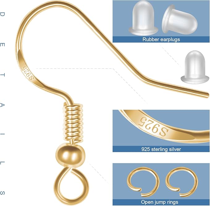 925 sterling silver earring hooks, 750pcs gold earring hooks kit 250pcs/125pairs hypoallergenic ear wires fish hooks with 250 pcs gold open jump rings and 250pcs rubber ear backs for jewelry making