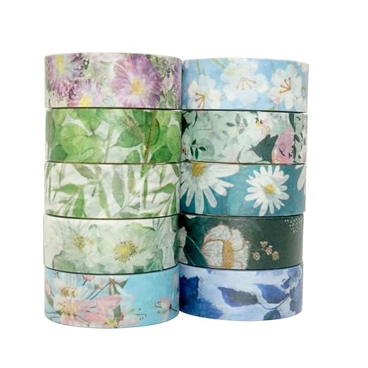 YUBBAEX 10 Rolls Spring Flowers Washi Tape Set Masking Decorative Tapes (Cold Tone)
