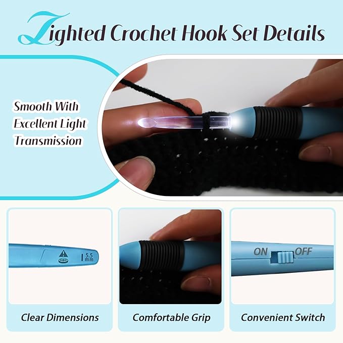 Yarniss Lighted Crochet Hook,5.5mm Crochet Hook Glow in Dark with Battery,Dark Blue