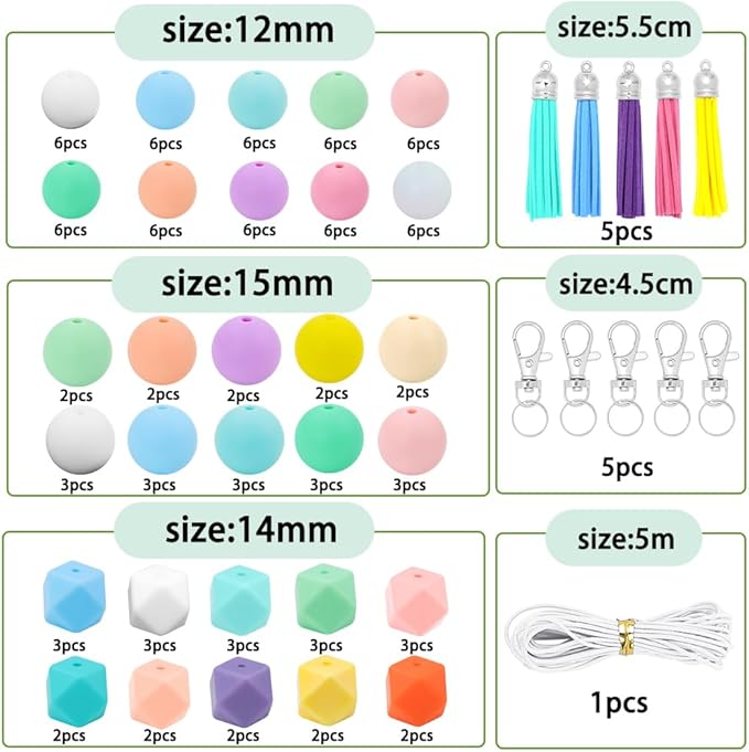 121 PCS Silicone Beads for Keychain Making Kit,12mm 15mm Round 14mm Polygonal Rubber Beads Candy Color Bulk Silicone Loose Beads for DIY Necklace Bracelet Jewelry Crafts Making Supplies