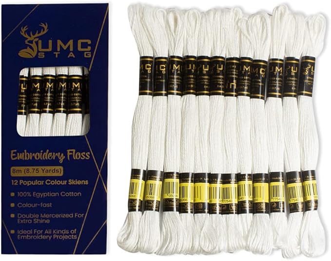 12 Pieces White Colour Premium Embroidery Thread | 100% Egyptian Cotton Premium Skeins | Cross Stitch Embroidery Floss | Oeko TEX Certified Stranded Cotton (White)