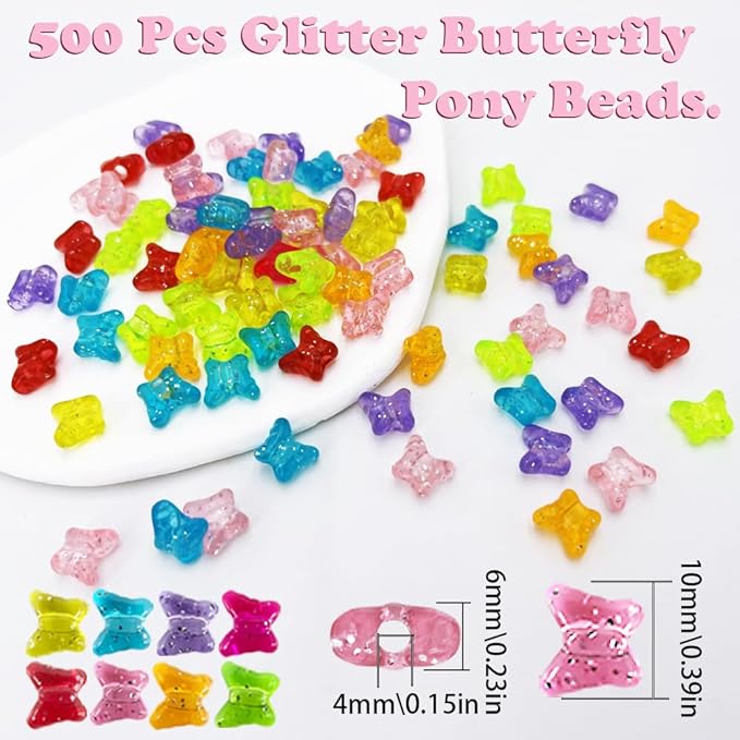 MIIIM 500 Pcs Glitter Butterfly Pony Beads Shapes for Friendship Bracelet, Large Hole Kandi Beads for Hair Braids, Jewelry Making (Multi-Glitter)