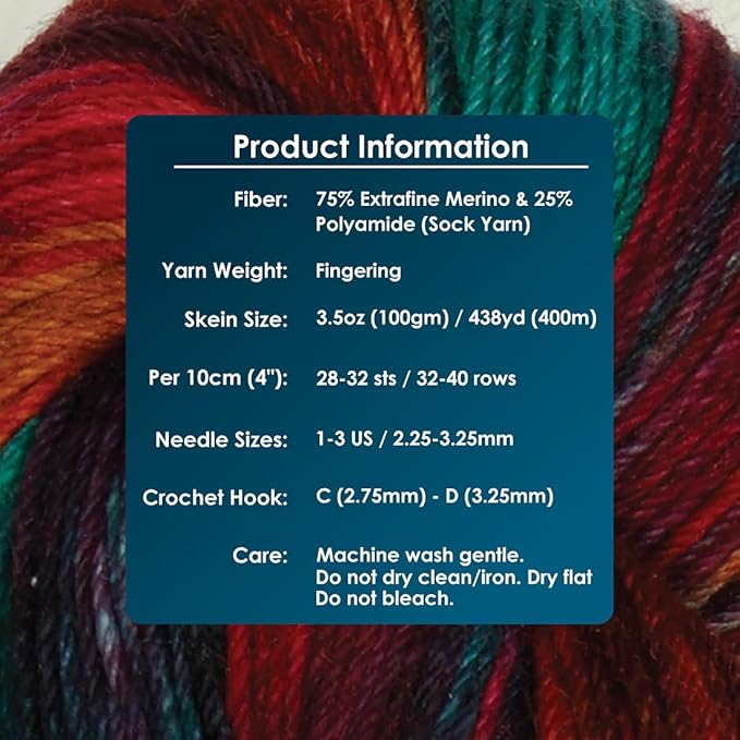 KnitPro Symfonie Fingering Weight Hand Dyed Variegated Yarn Skein | Extra Fine Merino Wool & Polyamide Blend for Knitting & Crocheting, Oeko-TEX Certified 400m, 100g | Terra Party Lights