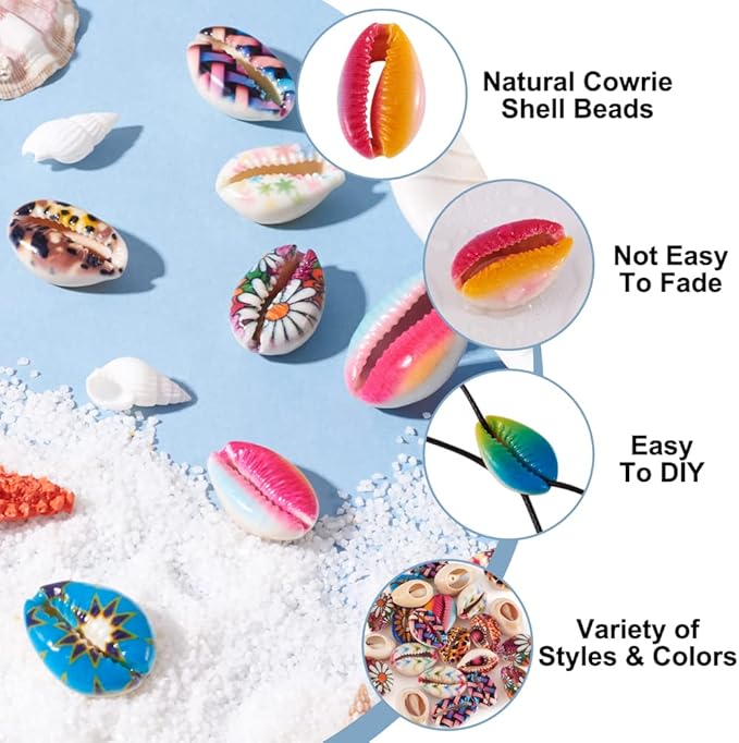 Cheriswelry 100pcs Cowrie Shell Beads Colorful Printed Sea Shell Beach Spacer Beads No Hole Ocean Summer Bracelet Necklace Beads Charms Fish Tanks Decoration 20~25mm for DIY Craft Jewelry Making