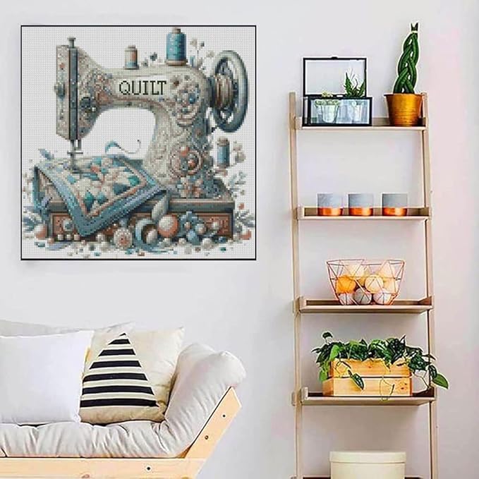 sewing machine stamped cross stitch kits - vintage sewing machine counted cross stitch kits for adults, needlepoint cross-stitch patterns dimensions needlecrafts embroidery kits 13.7x13.7 inches