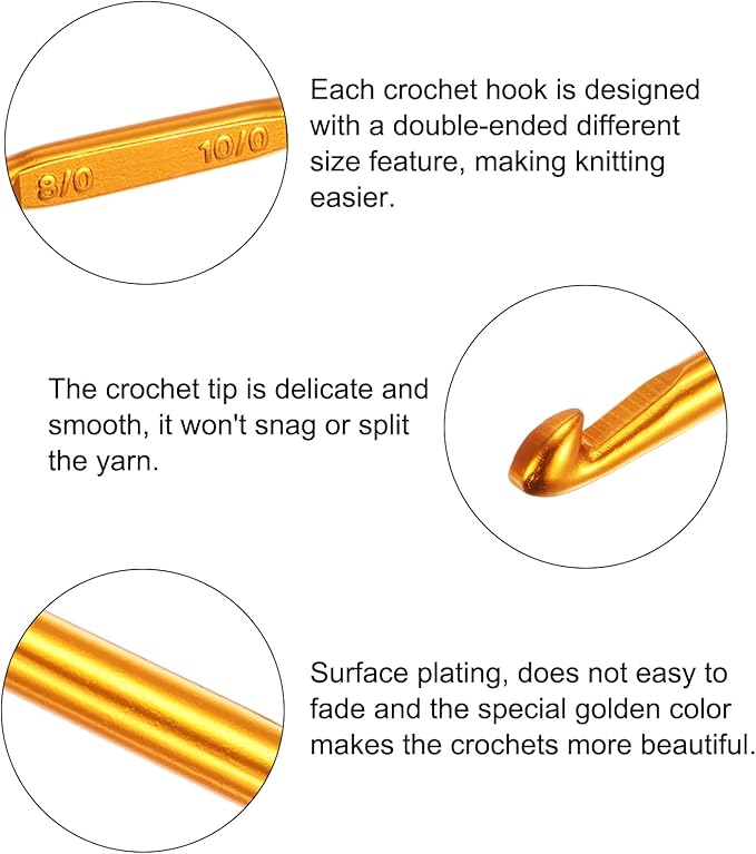 uxcell Double End Crochet Hooks 2/0 to 10/0 Aluminum Golden Tone Knitting Needles Crocheting Stitch for DIY Weave Craft Yarn 10Pcs