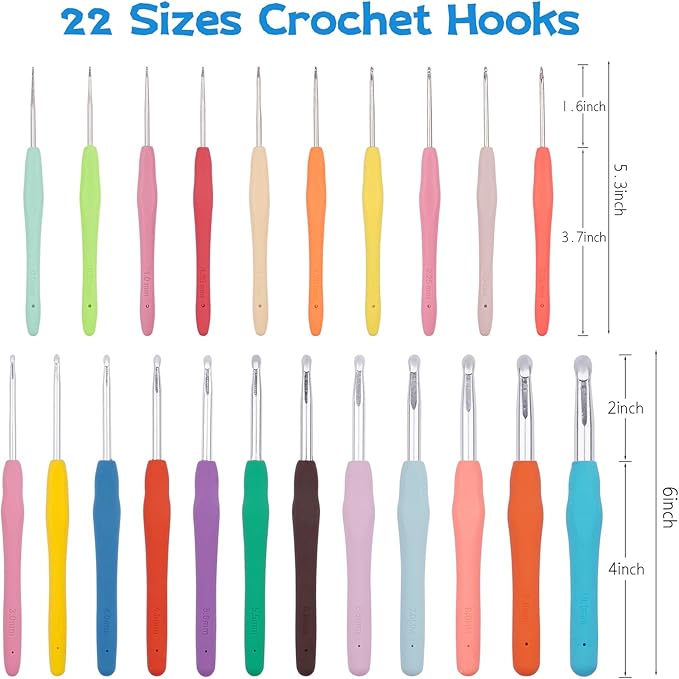 BsHooker 22 Sizes Crochet Hooks Set with Storage Case,0.5mm-10mm Crochet Hooks with Ergonomic Soft Handle for Arthritic Hands,Crochet Kit for Beginners,Blue
