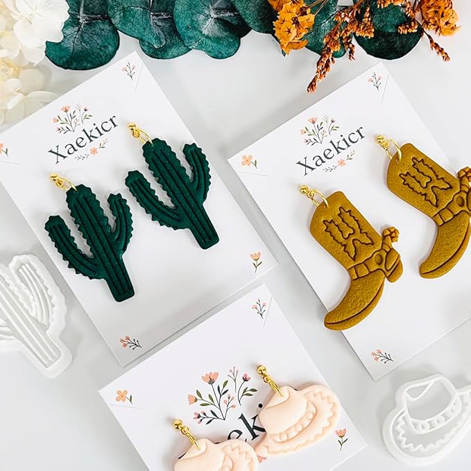 Xaekicr Western Theme Polymer Clay Cutters Set – 3PCS Cowboy Hat Boot Cactus Clay Earring Cutters, Polymer Clay Molds and Tools for DIY Jewelry Making