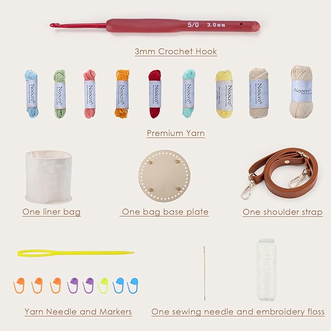 Noocro Crochet Kit for Advanced or Intermediate Beginner DIY Granny Square Bucket Bag, Purse, with Step by Step Tutorial Video and Detailed Instruction Complete Kit Craft Supplies Holiday Gift