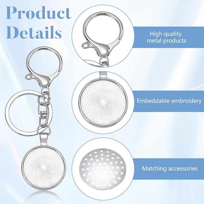 FREEBLOSS 16 Set Round Bezel Pendant Trays Blank Keychain Pendant Blank Frame for Embroidery Round Pendant Tray Charm DIY Jewelry Making Kit for Keychain DIY Embroidery Keychain Needlepoint