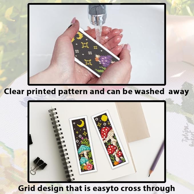 ACRNIGHEET 6PCS Cross Stitch Bookmark Kits Mushroom Pattern Stamped Cross Stitch Kits for Beginners Adults DIY Stamped Embroidery Bookmarks with Instructions Hand Embroidery Craft Gift