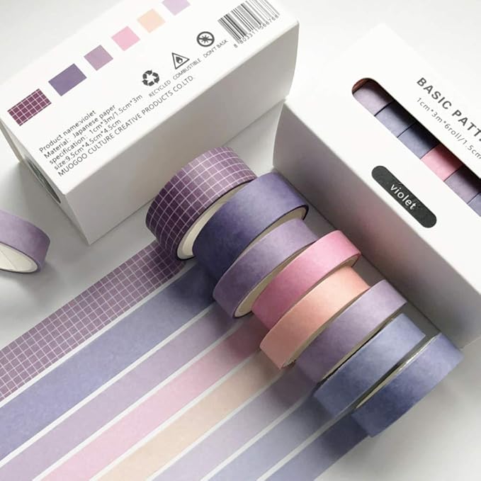 ZDOLAKIDS 8 Rolls Washi Tape Set Basic Solid Color Violet Adhesive Decoration Label Masking Tapes for Journal Scrapbook Planner DIY Art Craft Letter Card Envelope Water Bottle Skateboard