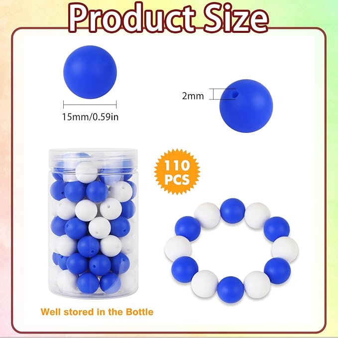110 Pcs Silicone Focal Beads, EVERMARKET 15mm Silicone Beads for Keychain Making, Round Silicone Beads Bulk with Bottle, Rubber Loose Beads for Pens Crafts Necklace Bracelet Lanyard (Blue White)
