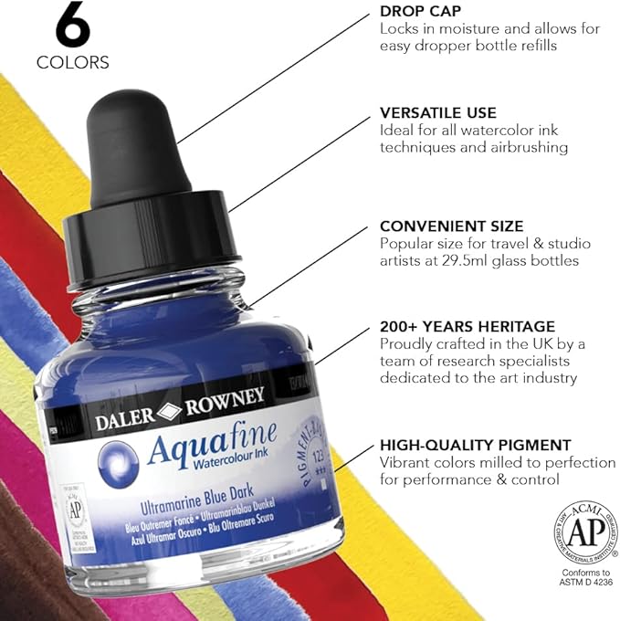 Daler-Rowney Aquafine Watercolor Ink 6-Color Intro Set with Marker - Versatile Liquid Watercolor Ink for Artists and Students - Use with Paint Brushes, Technical Pens, Airbrushes, and Paint Markers