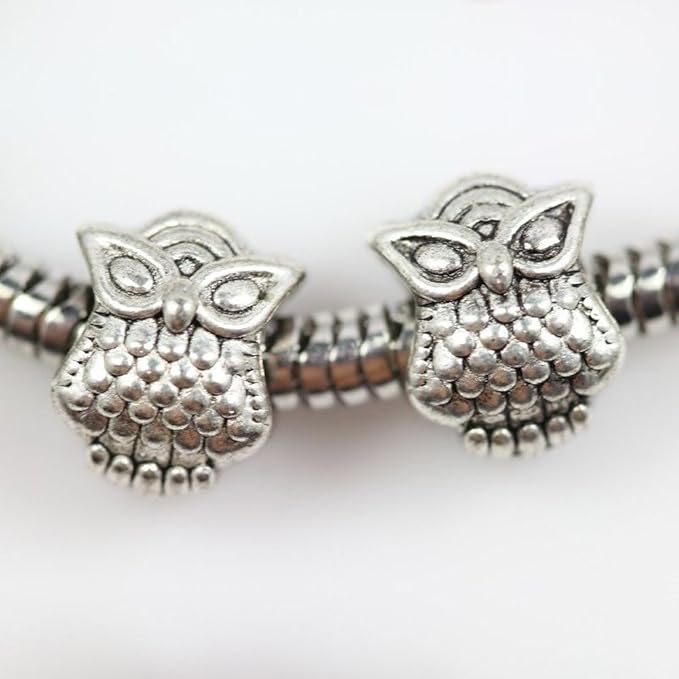 RUBYCA 50pcs Tibetan Silver Tone Spacer Beads Fit European Charms Bracelet Gorgeous Owl Design
