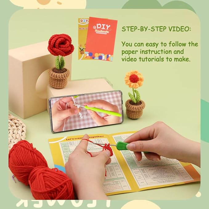 Crochet Kit for Beginner Learn to Animal Amigurumi Crochet Kit Adult Kit with Step-by-Step Instructions and Video Tutorials Cow Mushroom Potted Plant Coasters