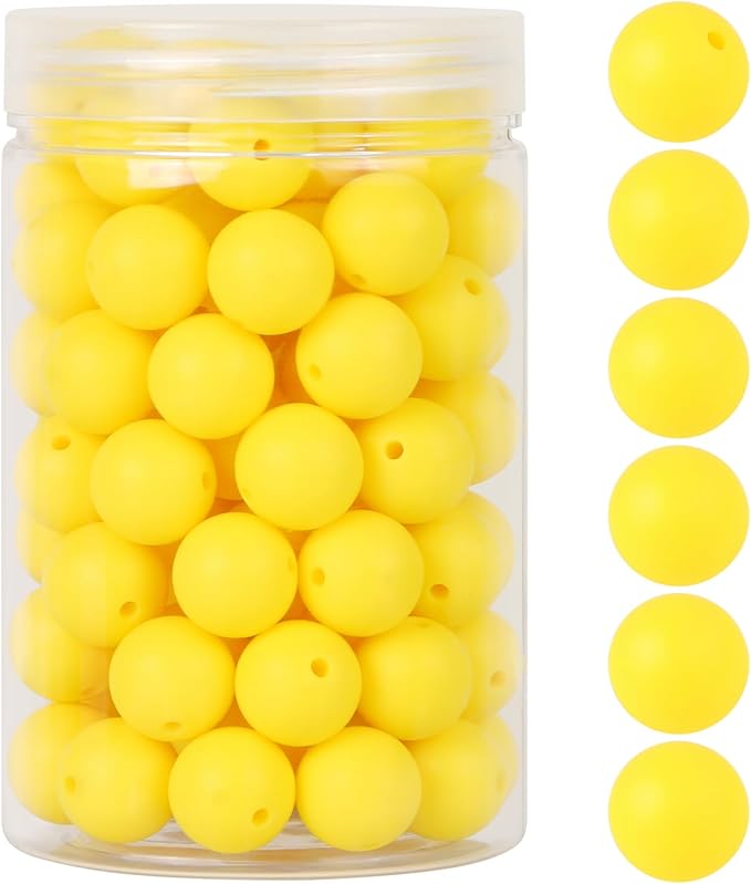 110 Pcs Silicone Focal Beads, EVERMARKET 15mm Silicone Beads for Keychain Making, Round Silicone Beads Bulk with Bottle, Rubber Loose Beads for Pens Crafts Necklace Bracelet Lanyard (Yellow)