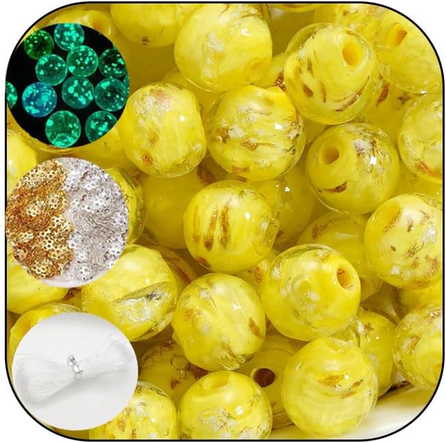 200 PCS 8mm Glow in The Dark Beads Bulk Round Luminous Glass Beads with Holes for Jewelry Making Bracelets Earrings Necklace Glow Loose Spacer Ball Bead DIY Craft Kit (Yellow)