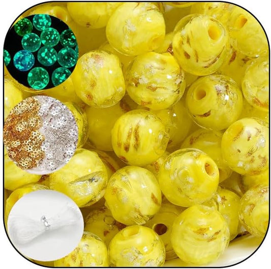 200 PCS 8mm Glow in The Dark Beads Bulk Round Luminous Glass Beads with Holes for Jewelry Making Bracelets Earrings Necklace Glow Loose Spacer Ball Bead DIY Craft Kit (Yellow)