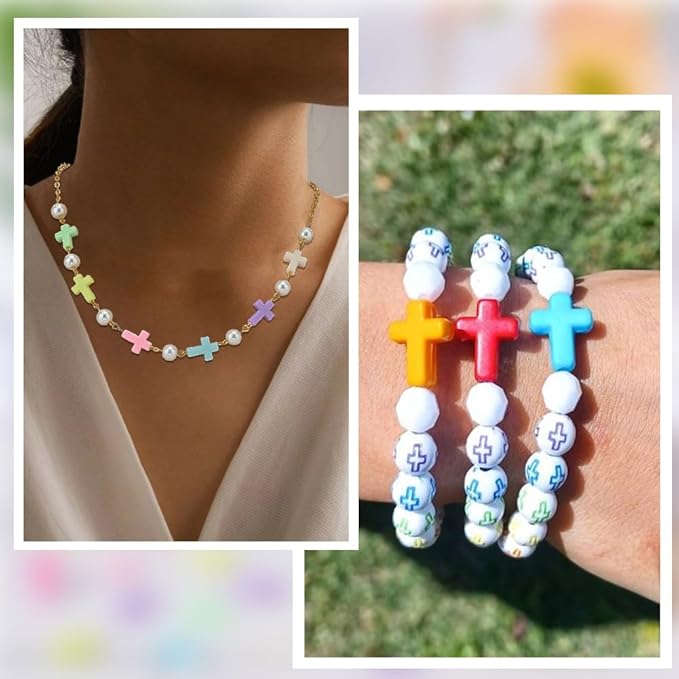 SUNNYCLUE 300Pcs Cross Beads Bulk Colorful Acrylic Mini Small Macaron Color Pocket Quilt Crosses Tiny Plastic Easter Crucifix Loose Spacer for Jewelry Making DIY Beading Supplies