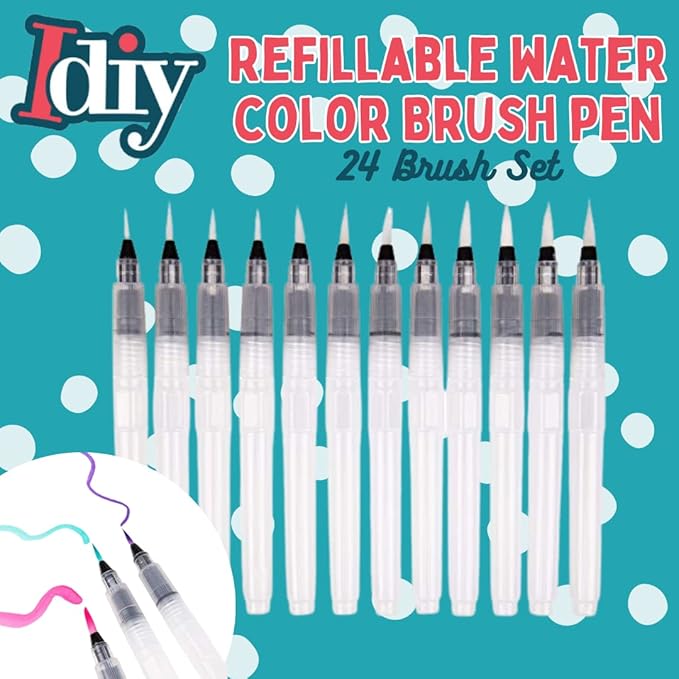 Refillable Watercolor Brush Pens Set of 24 – Water Brush Pens with 3 Tip Sizes (3mm, 4mm, 5mm) – Nylon Point Tips for Painting, Lettering, Calligraphy & DIY Crafts – Easy Flow Control & Easy to Clean