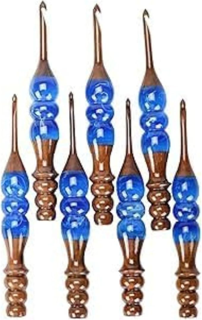 Wooden Crochet Hooks Set for Arthritic Hands | Ergonomic Soft Grip - Resin Mix Indian Rosewood Crochet Hook Set for Crocheting & Knitting (Blue, Set of 7)
