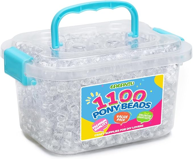 gaganiu pony beads 1100+ pcs – glitter clear plastic kandi beads in jar for bracelets, hair braids, jewelry making & diy crafts