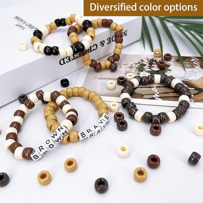 MIIIM 1300 Pcs Pony Beads Kit for Friendship Bracelet, 6 Styles Kandi Bracelet Kit in Box with Individual Compartments, Hair Beads for Braids, Letters (Brown Shades)