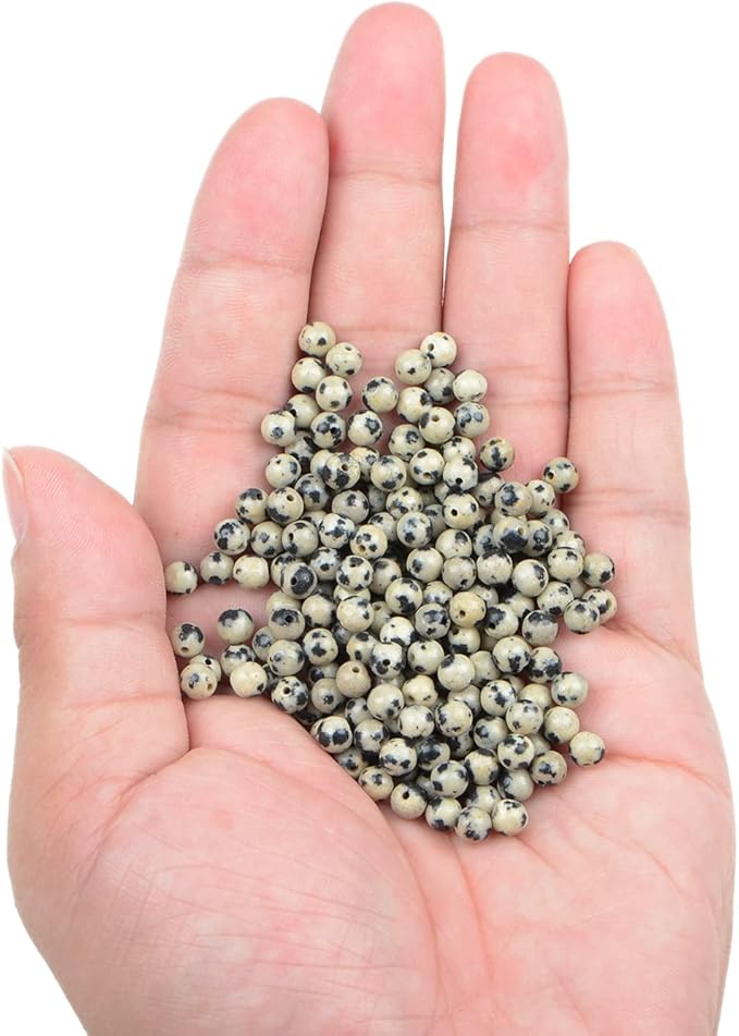 bymitel 210pcs natural crystal beads stone gemstone round energy healing loose beads with stretch cord for jewelry making bracelets anklets (dalmation jasper, 4mm 210pcs)