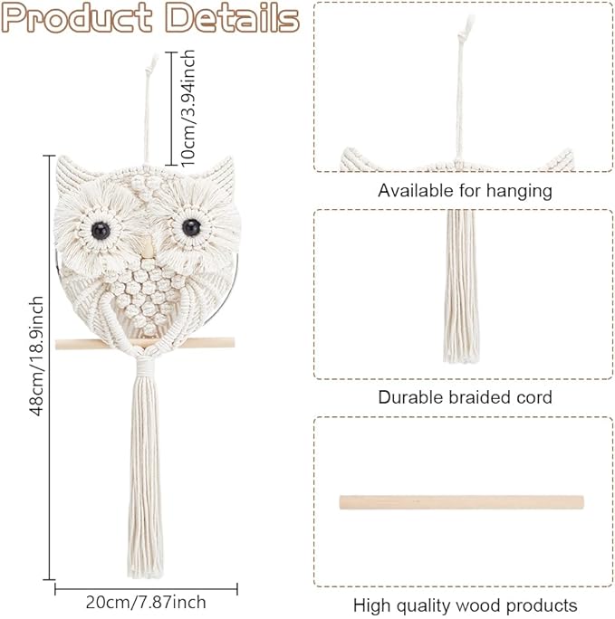 FREEBLOSS Macrame Owl Kit for Beginners Macrame Wall Hanging Kit DIY Macrame Kit with Video Tutorial Macrame Hanging Decor for Adults Gift, Naturally white