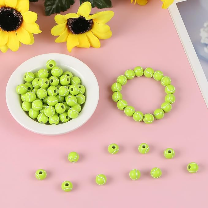100pcs Tennis Beads with 5.5 Yard Elastic Rope,Acrylic Sports Beads DIY Spacer Bead for Necklace Bracelet Keychains Handmade Jewelry Making Accessories Craft Supplies,12mm(Tennis)