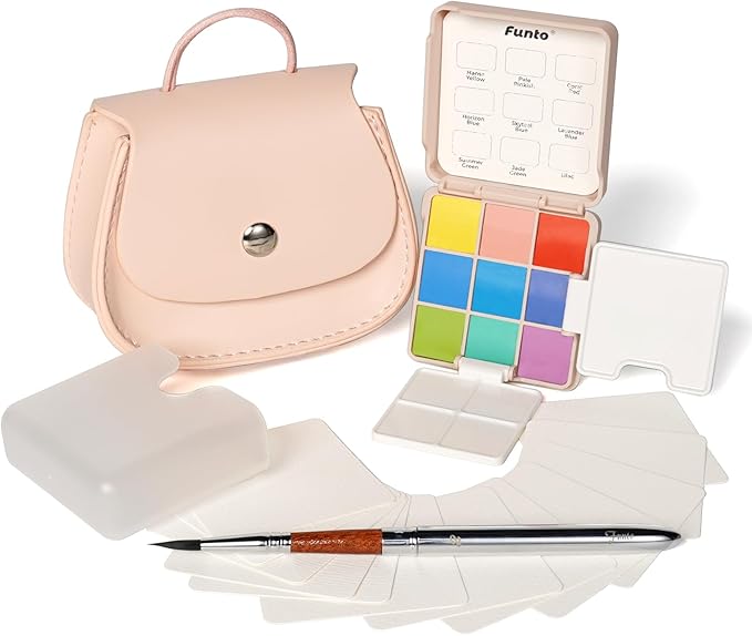 Funto Mini Watercolor Set Travel Kit with 9 Colors, Leather Bag & Watercolor Paper, Portable Drawing & Painting Supplies for Beginners, Art Gift Set