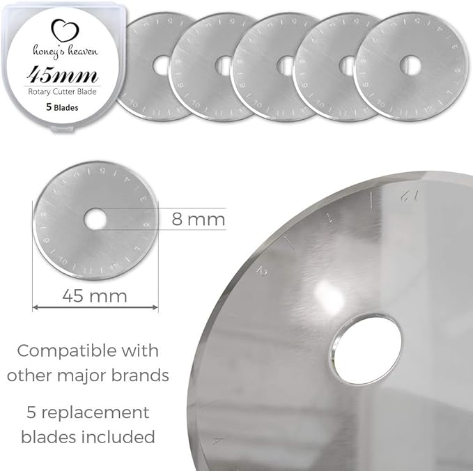 Honey's Heaven Rotary Cutter Set - 45mm Fabric Cutter, 5 Replacement Blades, A4 Cutting Mat, Acrylic Ruler and Craft Clips - Ideal for Crafting, Sewing, Patchworking, Crochet & Knitting