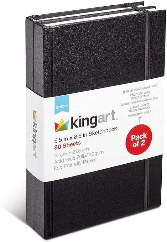 KINGART Black Hardcover 5.5" x 8.5" Sketchbook JOURNALS, 2-Pack, Perfect Bound, 70 Pound (110 GSM), 160 Pages / 80 Sheets Each