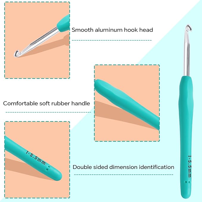 5.5mm Crochet Hook, Ergonomic Crochet Hook, Smooth and Extra Long  Knitting Needles, with Soft Rubber Ergonomic Handle and Aluminum Tip, Perfect Beginner and Arthritic Crochet Hooks (5.5 mm)