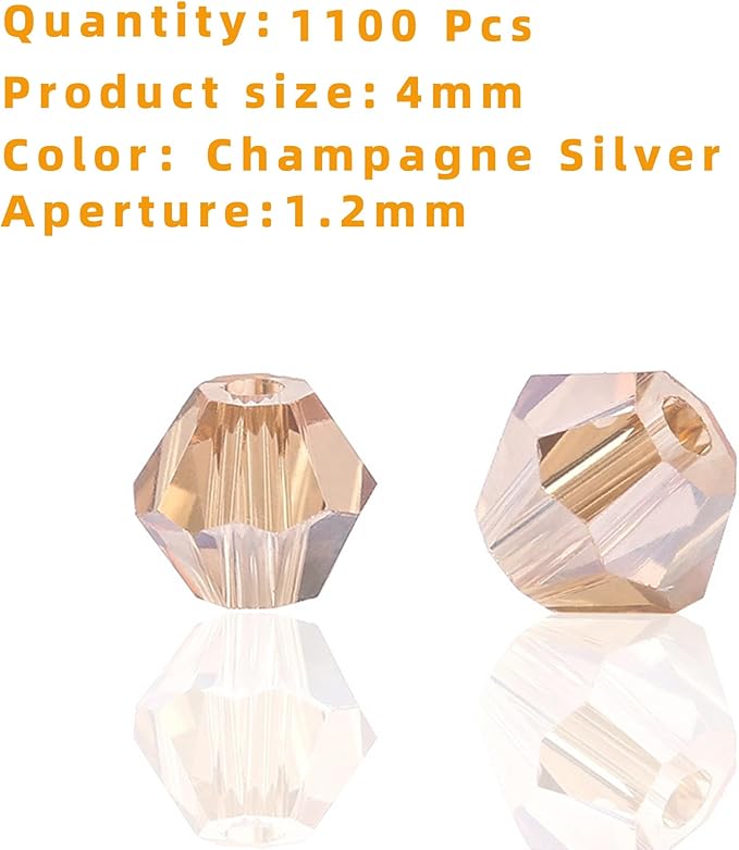 laopottbeads 1100pcs 4mm bicone crystal glass beads for jewelry making, sparkling mini beads for suncatchers, diy bracelets & craft projects (champagne silver)